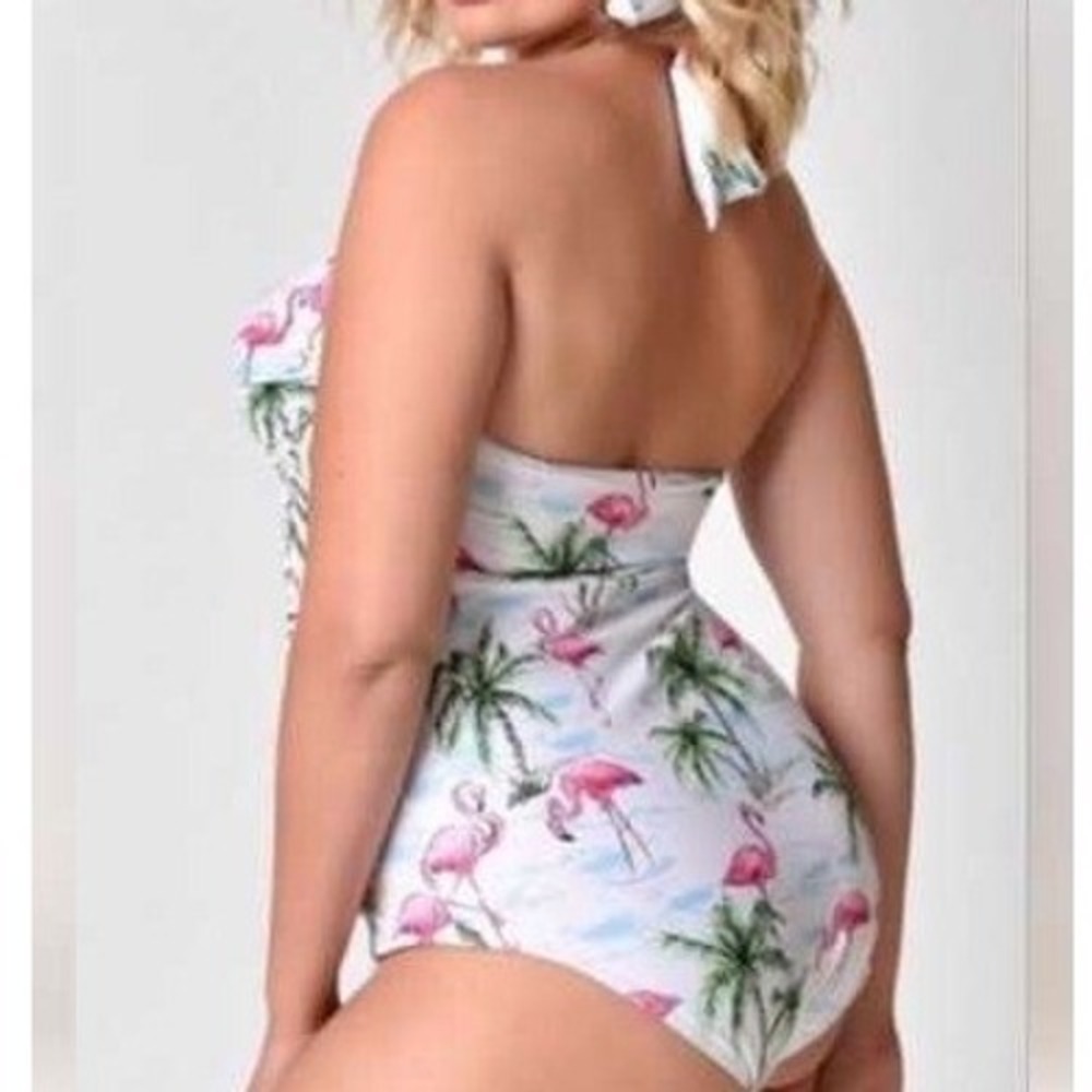 Marilyn Monroe Womens Tropical One Piece Swimsuit Size L Pink Flamingo Palm Tree